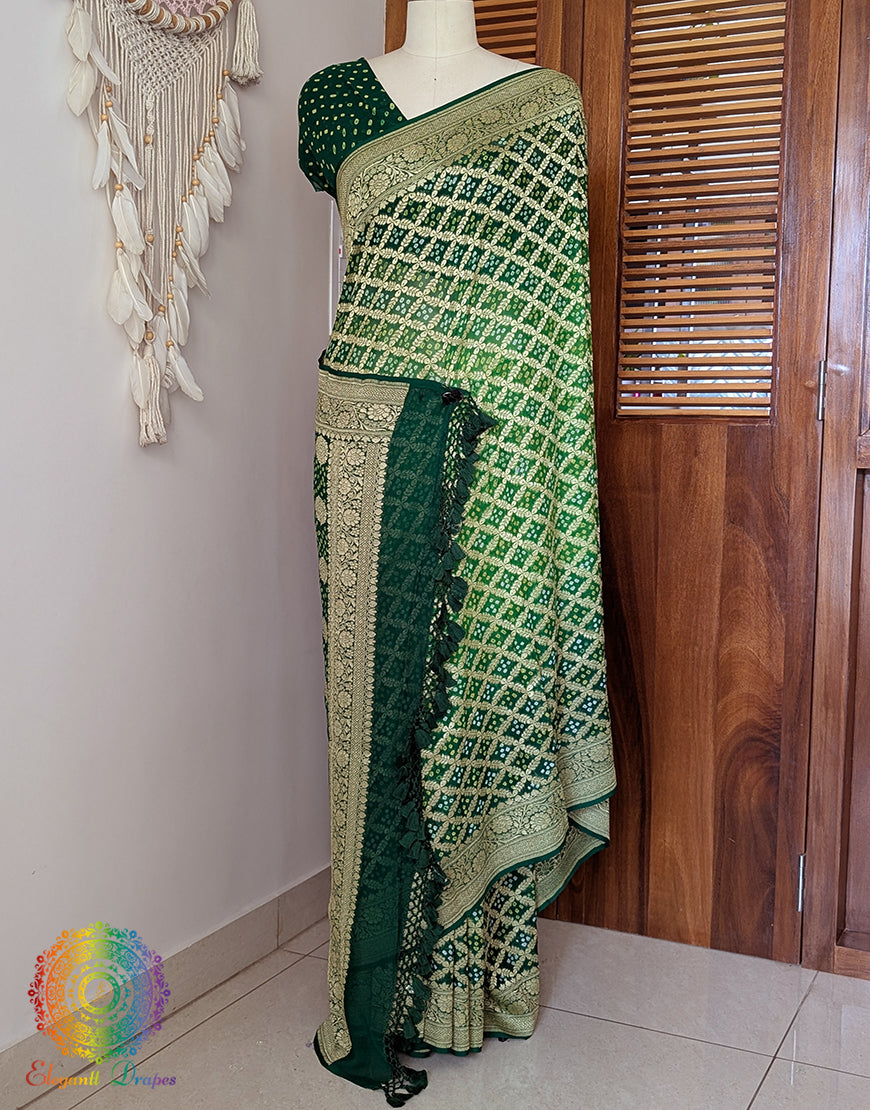 Green Shaded Banarasi Bandhani Khaddi Georgette Saree – Bandhani Saree Online India | Elegantt Drapes