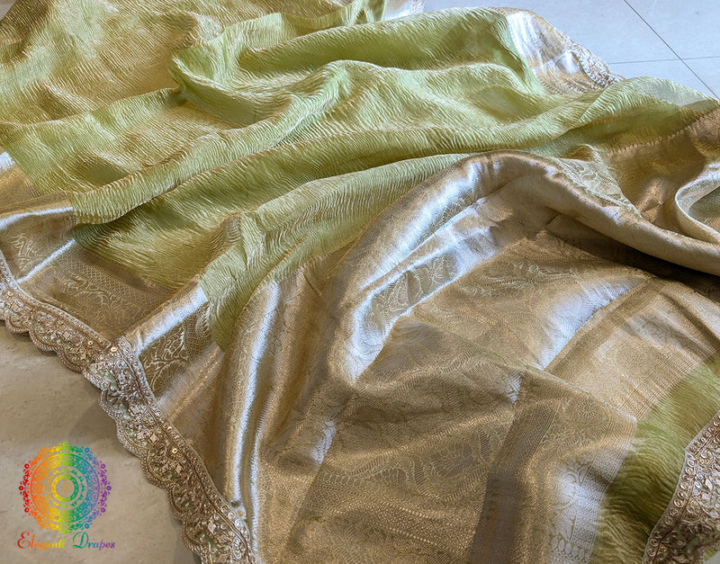 Green Pure Banarasi Crushed Tissue Silk Saree