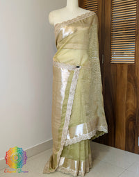 Green Pure Banarasi Crushed Tissue Silk Saree