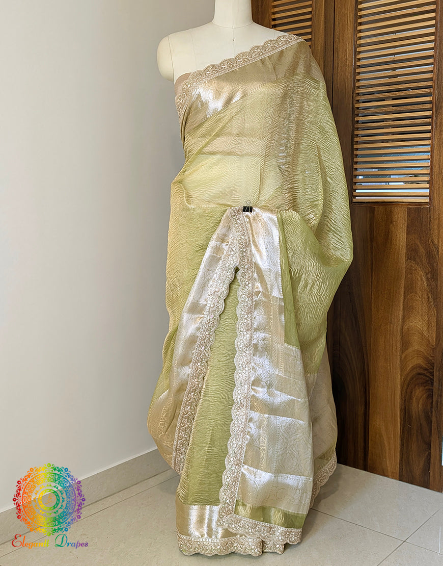 Green Pure Banarasi Crushed Tissue Silk Saree