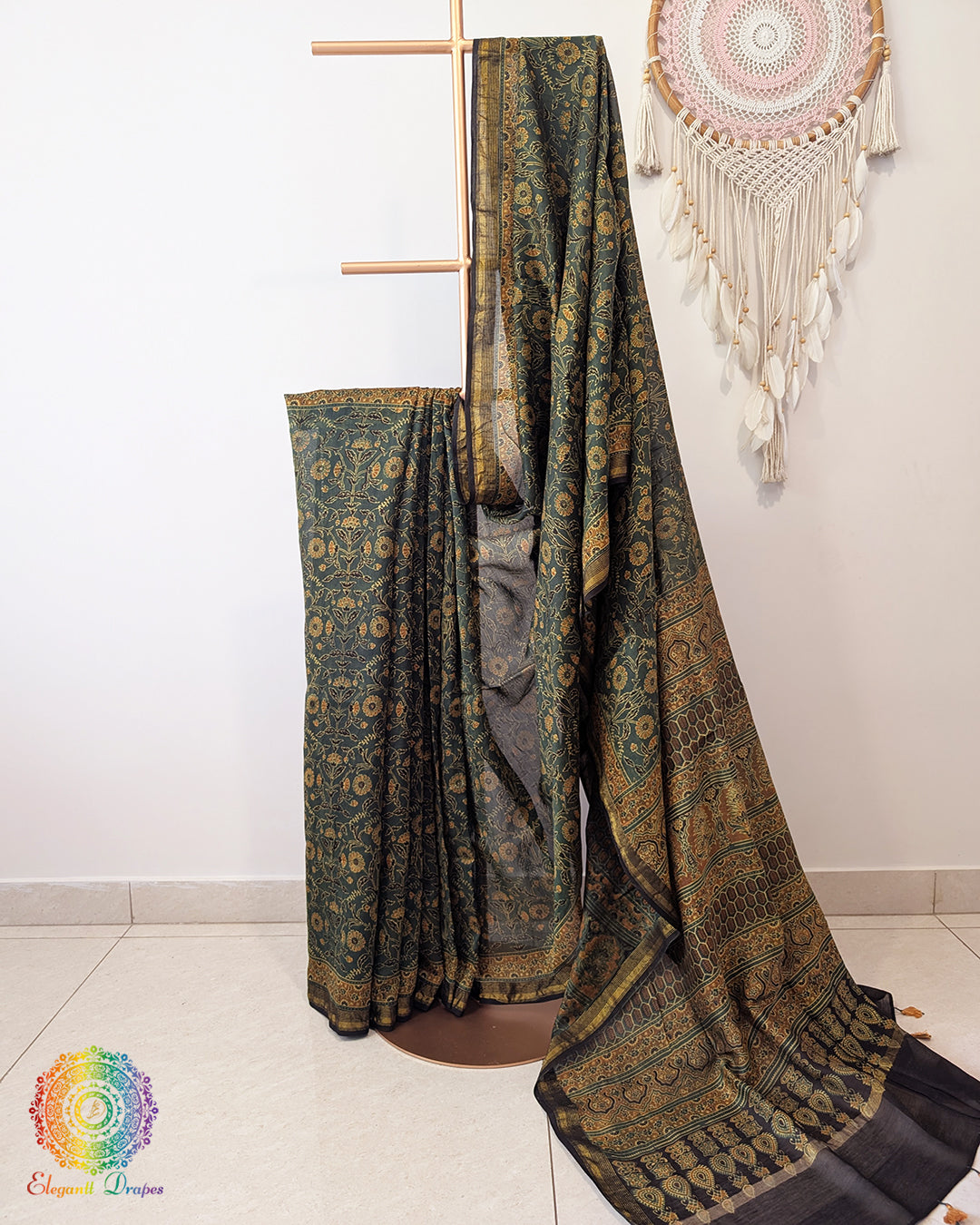Green Mustard Chanderi Ajrakh Saree – Ajrakh Saree Online India | Elegantt Drapes