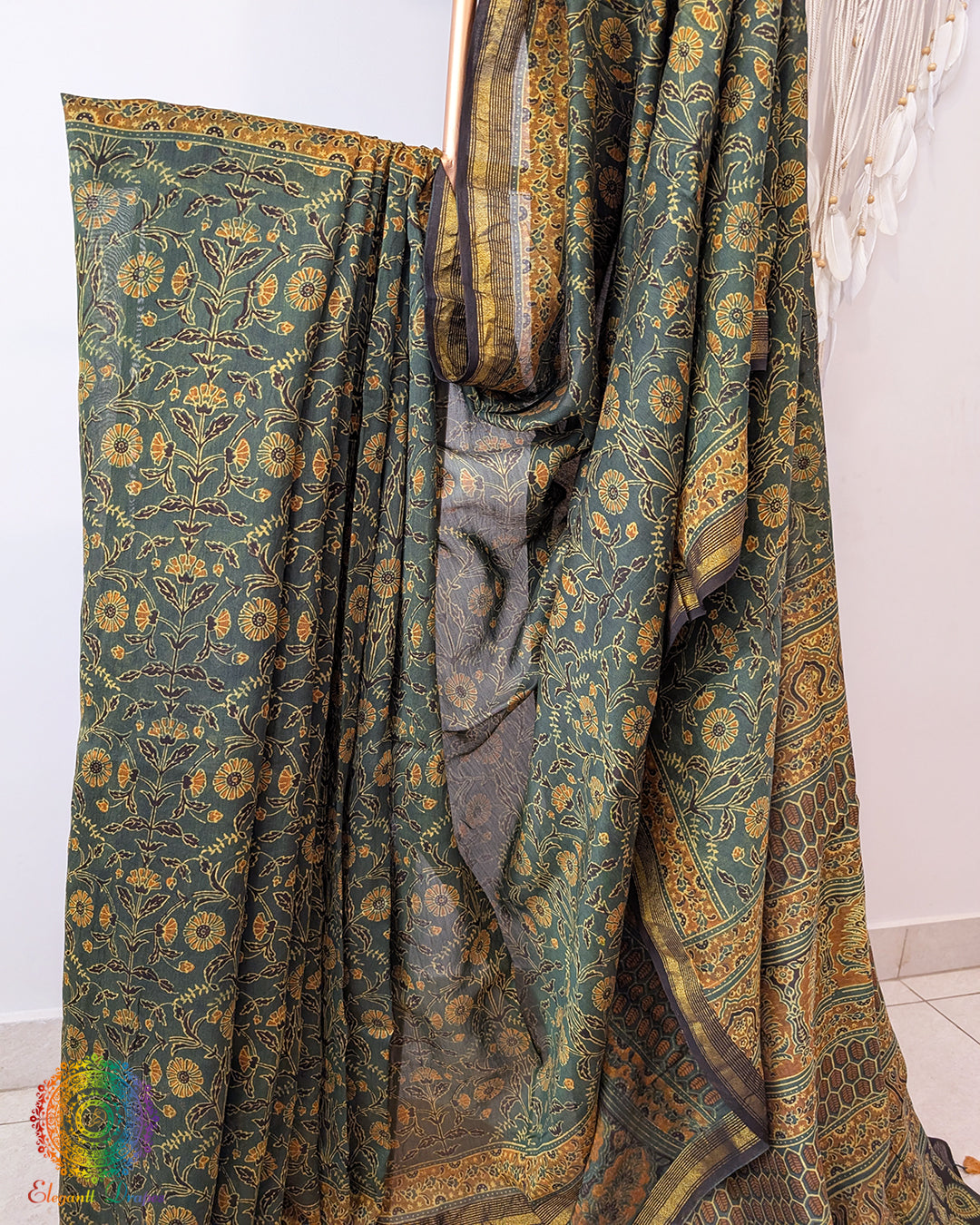 Green Mustard Chanderi Ajrakh Saree – Ajrakh Saree Online India | Elegantt Drapes