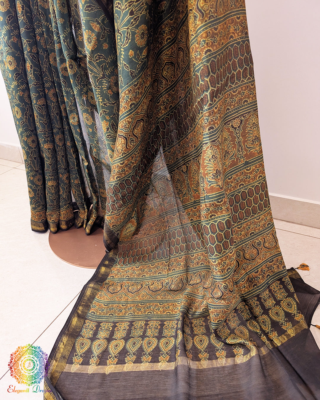 Green Mustard Chanderi Ajrakh Saree – Ajrakh Saree Online India | Elegantt Drapes