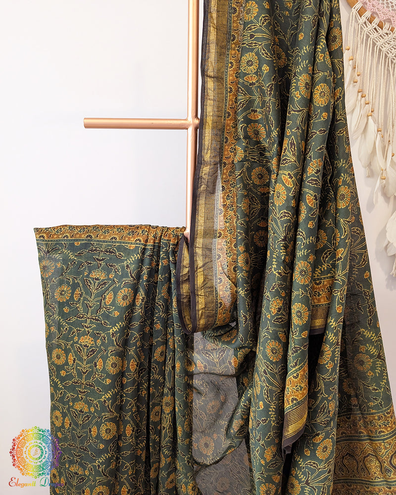 Green Mustard Chanderi Ajrakh Saree – Ajrakh Saree Online India | Elegantt Drapes