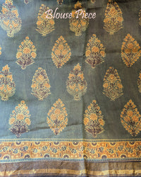 Green Mustard Chanderi Ajrakh Saree – Ajrakh Saree Online India | Elegantt Drapes