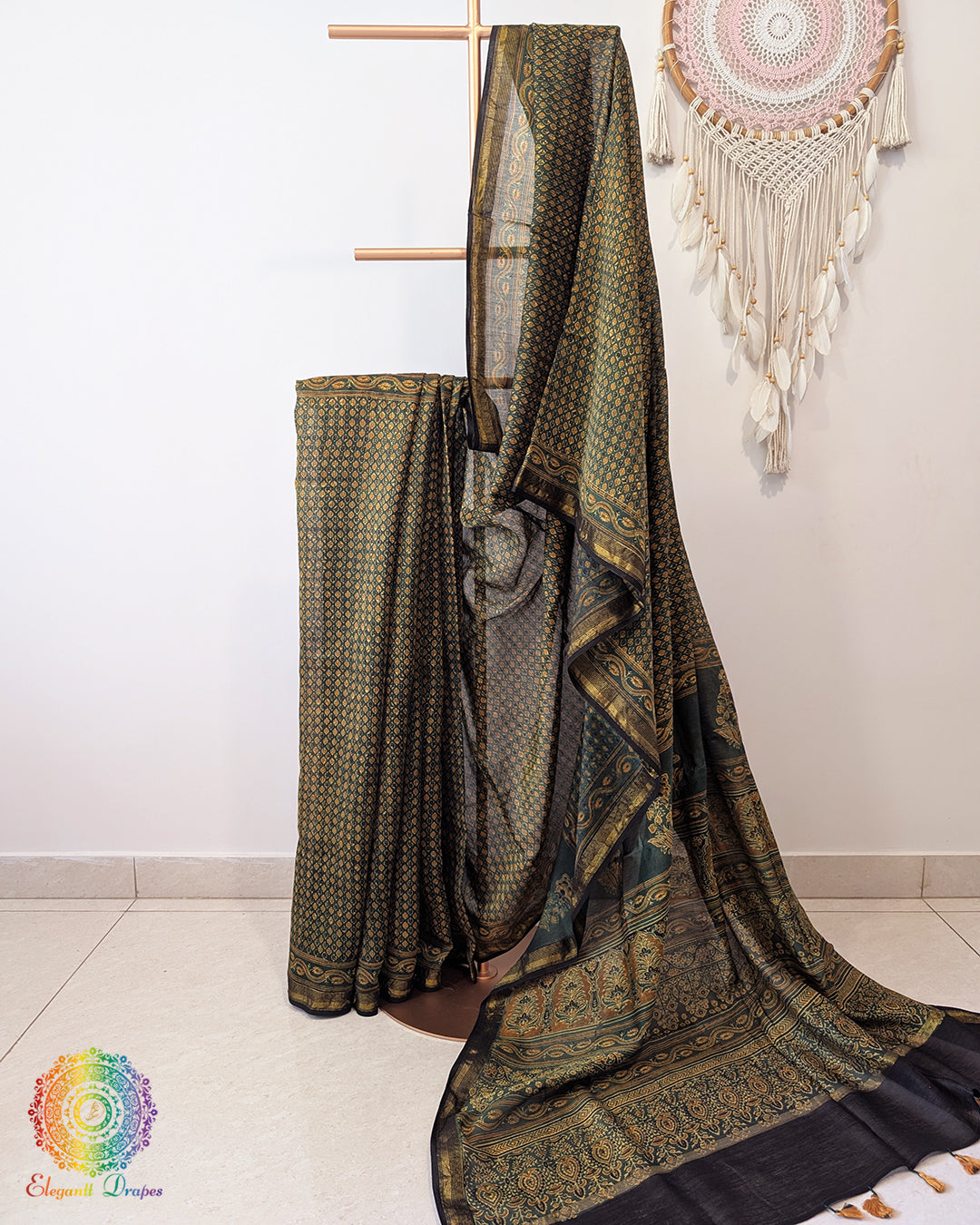 Green Chanderi Ajrakh Saree – Ajrakh Saree Online India | Elegantt Drapes