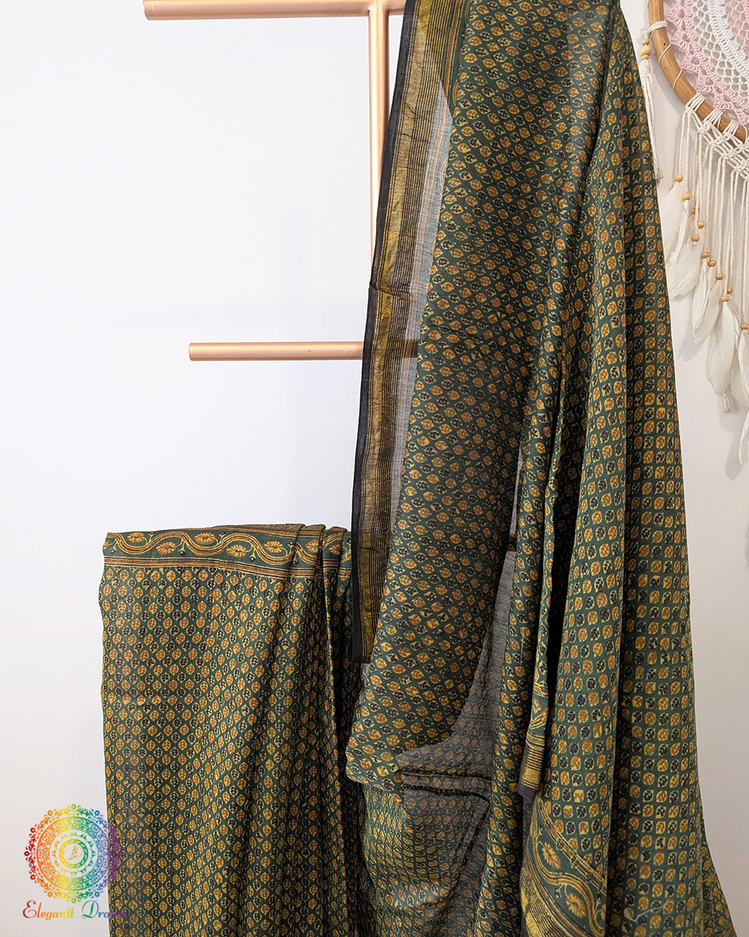 Green Chanderi Ajrakh Saree – Ajrakh Saree Online India | Elegantt Drapes