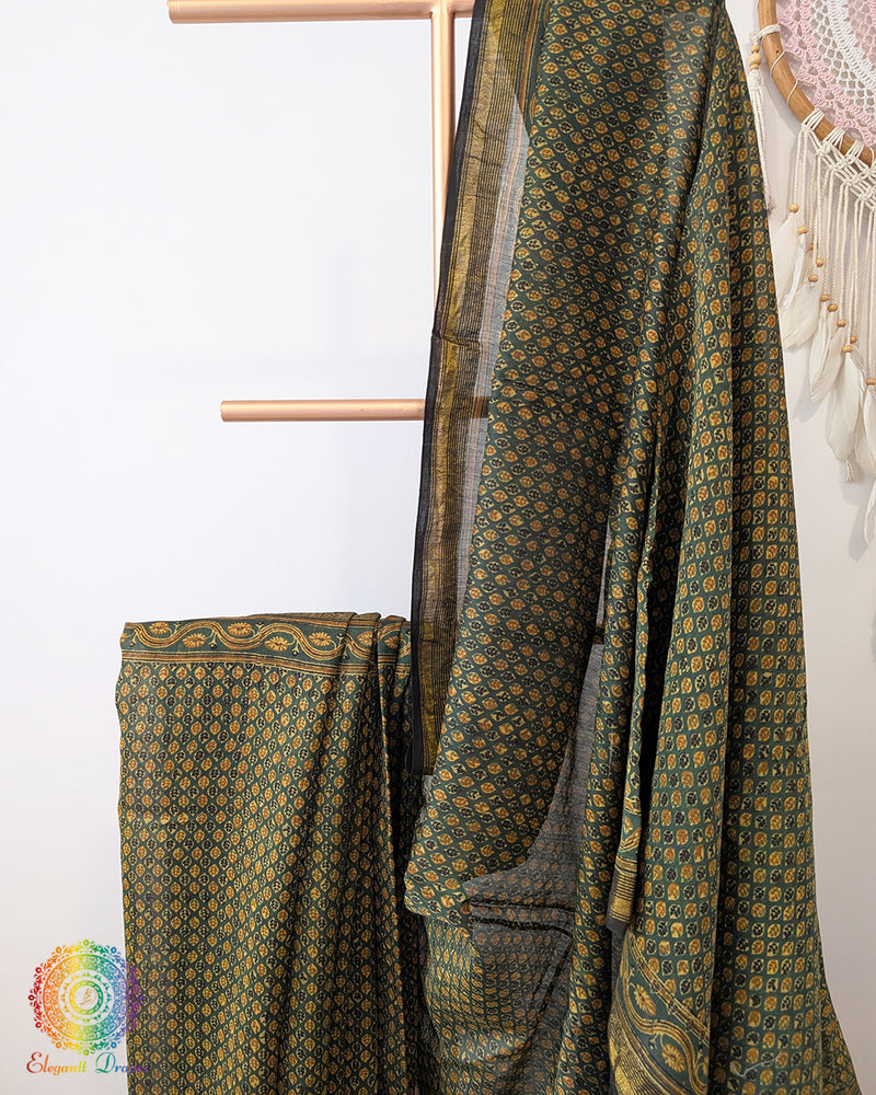Green Chanderi Ajrakh Saree – Ajrakh Saree Online India | Elegantt Drapes