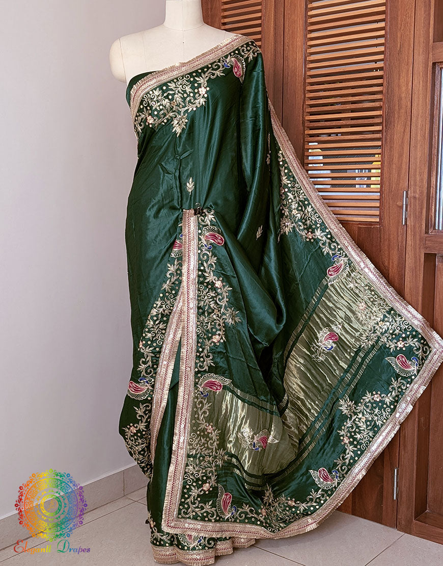Bottle Green Gaji Silk Gota Patti Handwork Saree – Handloom Saree Online India | Elegantt Drapes