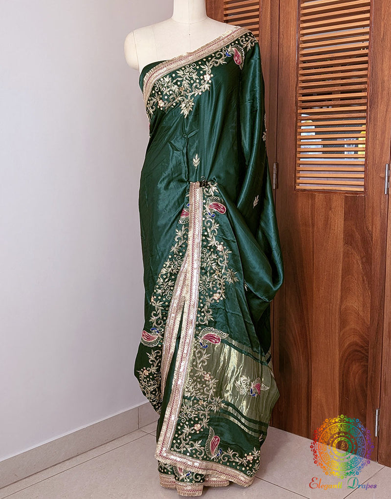 Bottle Green Gaji Silk Gota Patti Handwork Saree – Handloom Saree Online India | Elegantt Drapes