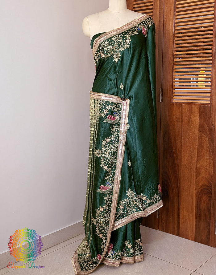 Bottle Green Gaji Silk Gota Patti Handwork Saree – Handloom Saree Online India | Elegantt Drapes