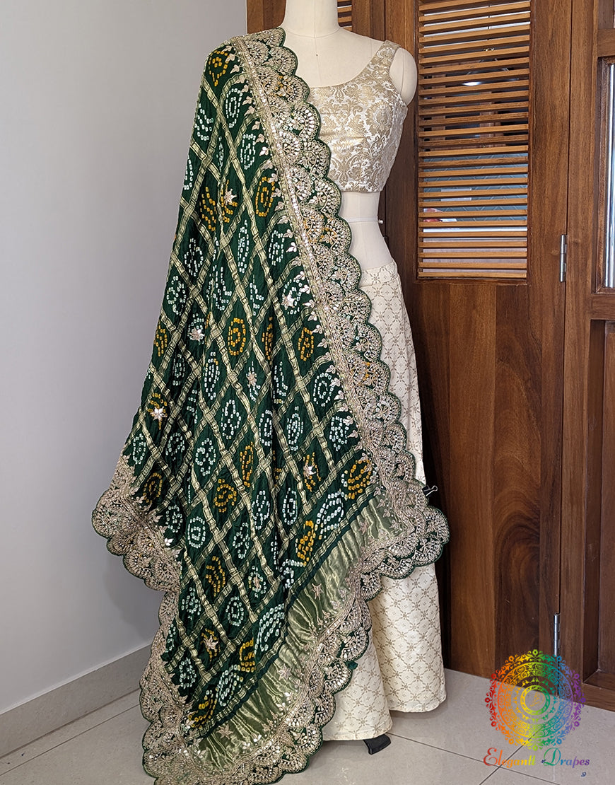 Green Gaji Silk Bandhani Gota Patti Saclloped Dupatta – Bandhani Saree Online India | Elegantt Drapes