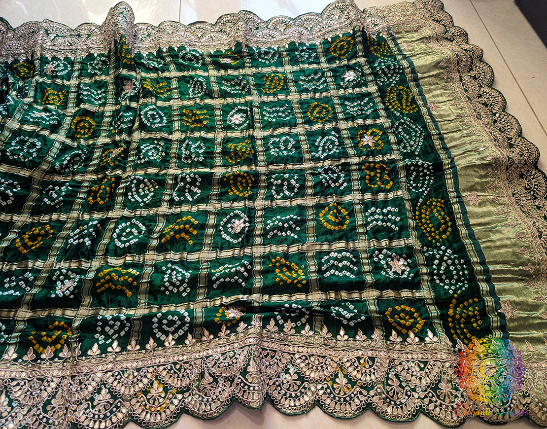 Green Gaji Silk Bandhani Gota Patti Saclloped Dupatta – Bandhani Saree Online India | Elegantt Drapes