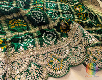 Green Gaji Silk Bandhani Gota Patti Saclloped Dupatta – Bandhani Saree Online India | Elegantt Drapes