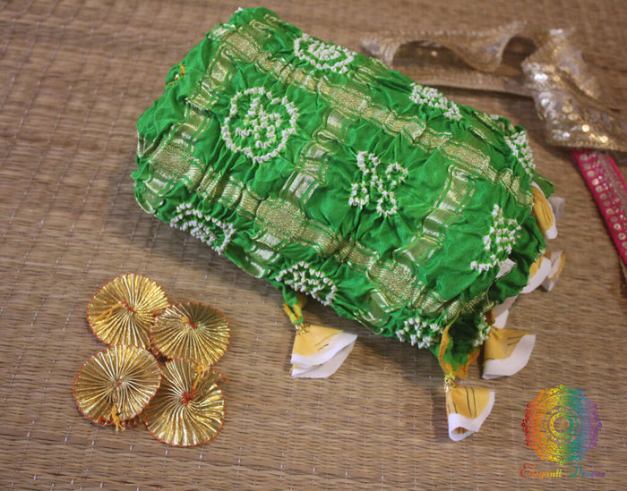 Green Pure Gaji Silk Bandhani Gharchola Dupatta | Elegantt Drapes