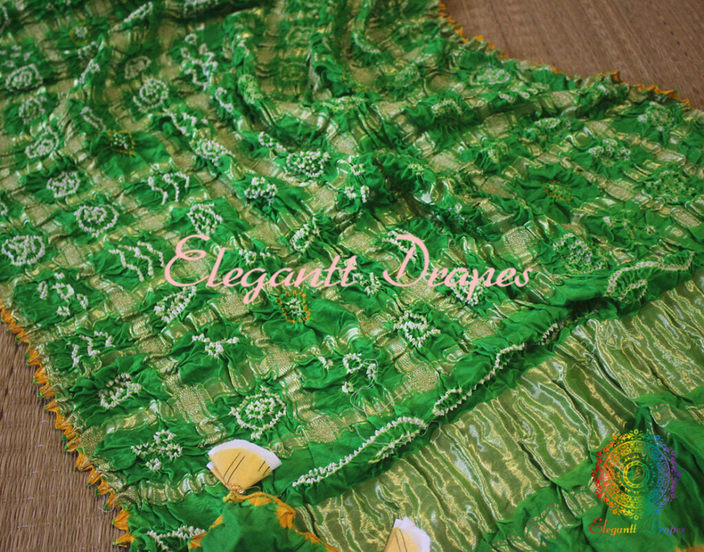 Green Pure Gaji Silk Bandhani Gharchola Dupatta | Elegantt Drapes