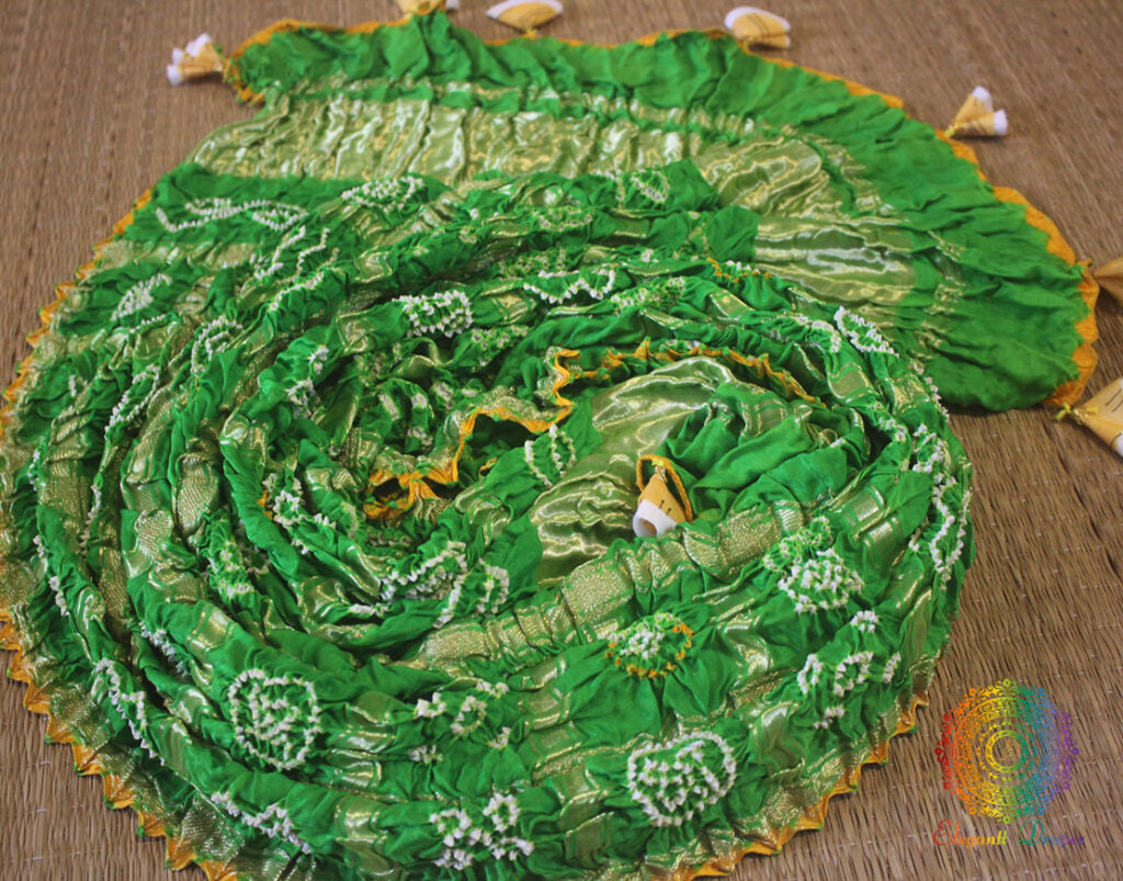 Green Pure Gaji Silk Bandhani Gharchola Dupatta | Elegantt Drapes