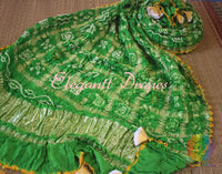 Green Pure Gaji Silk Bandhani Gharchola Dupatta | Elegantt Drapes