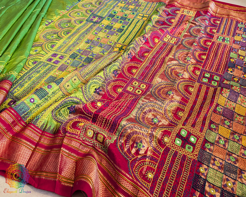 Green Lambani Handwork Pure Ilkal Silk Saree – Ilkal Handloom Saree Online India | Elegantt Drapes