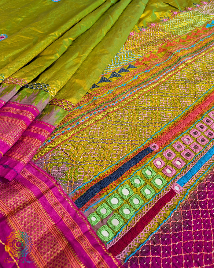 Lime Green Lambani Handwork Pure Ilkal Silk Saree