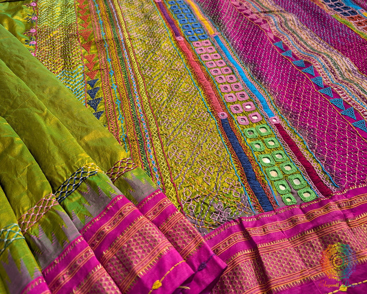 Lime Green Lambani Handwork Pure Ilkal Silk Saree