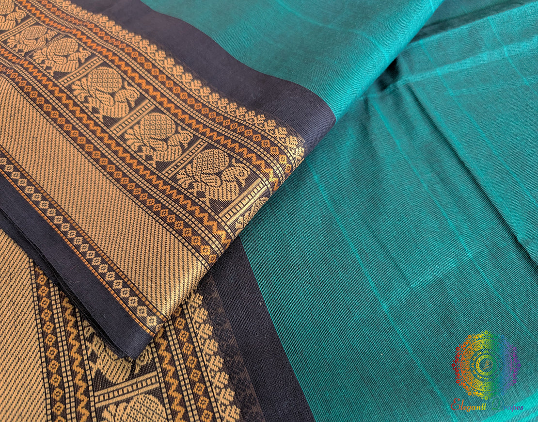Turquoise Pure Kanchi Cotton Saree – Handloom Saree Online India | Elegantt Drapes