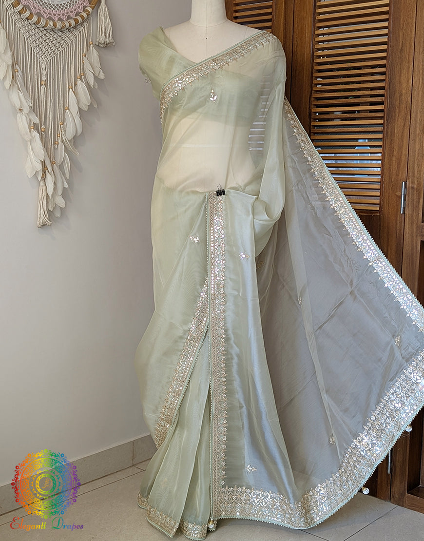 Olive Green Tissue Organza Gota Patti Saree – Handloom Saree Online India | Elegantt Drapes