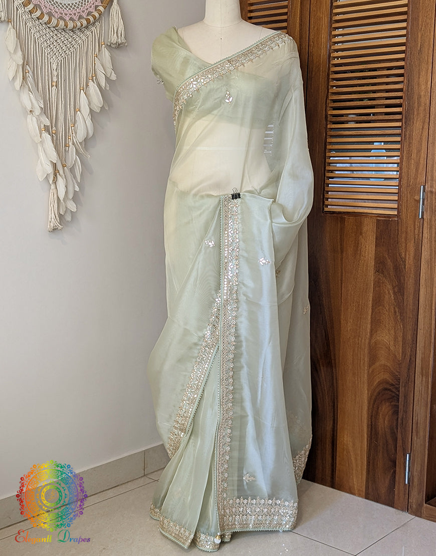 Olive Green Tissue Organza Gota Patti Saree – Handloom Saree Online India | Elegantt Drapes