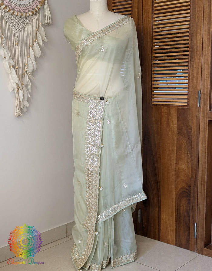 Olive Green Tissue Organza Gota Patti Saree – Handloom Saree Online India | Elegantt Drapes