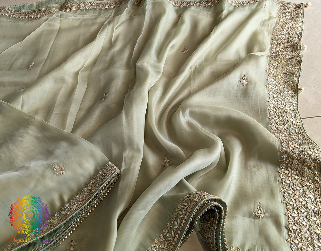 Olive Green Tissue Organza Gota Patti Saree – Handloom Saree Online India | Elegantt Drapes