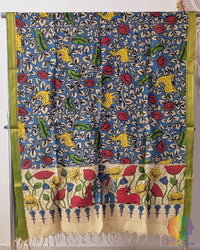 Blue Pen Kalamkari Bangalore Silk Dupatta – Handloom Saree Online India | Elegantt Drapes