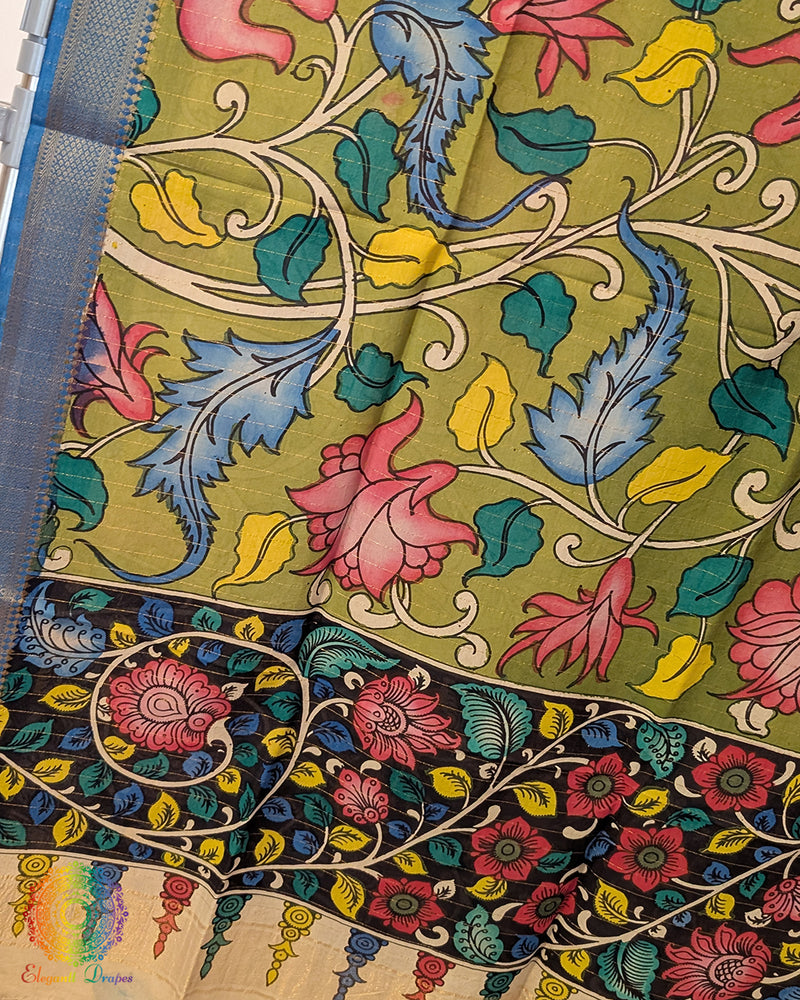 Green Pen Kalamkari Bangalore Silk Dupatta – Handloom Saree Online India | Elegantt Drapes
