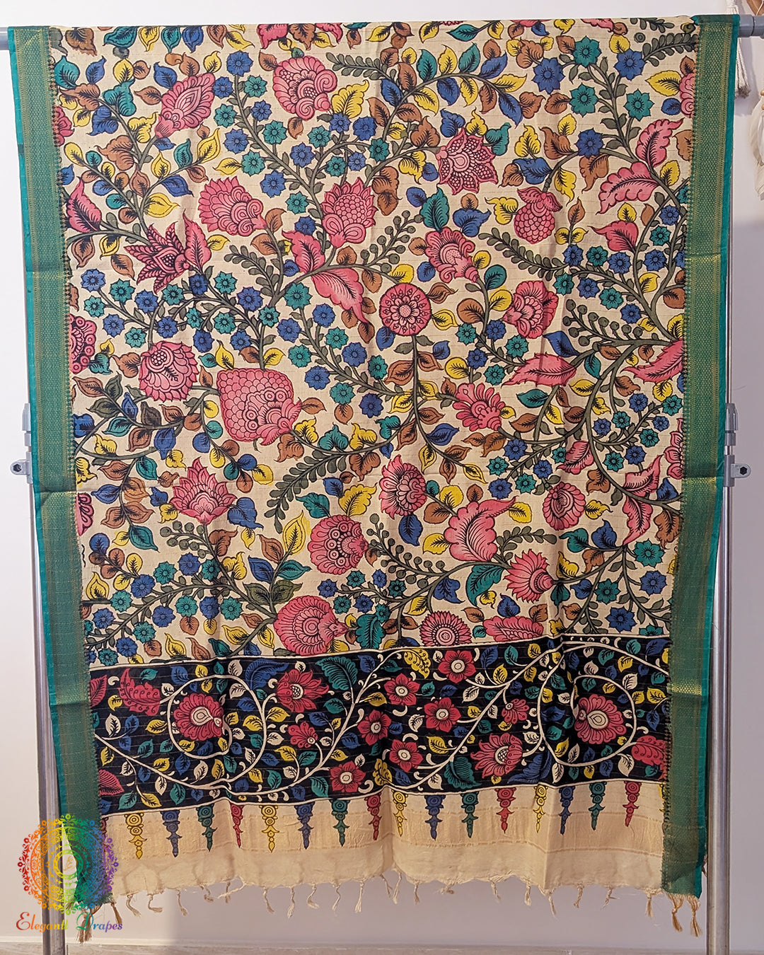 Beige Green Pen Kalamkari Bangalore Silk Dupatta – Handloom Saree Online India | Elegantt Drapes