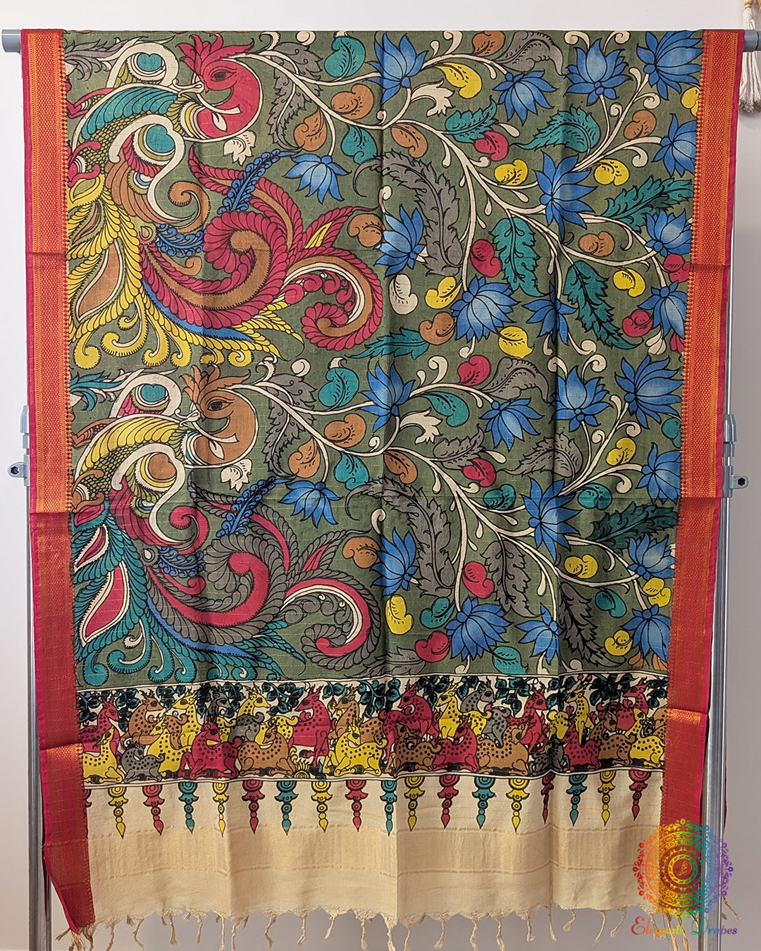 Multi Peacock Kalamkari Bangalore Silk Dupatta – Handloom Saree Online India | Elegantt Drapes
