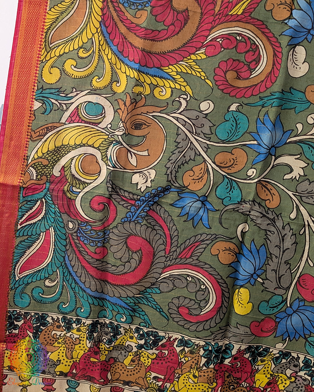Multi Peacock Kalamkari Bangalore Silk Dupatta – Handloom Saree Online India | Elegantt Drapes