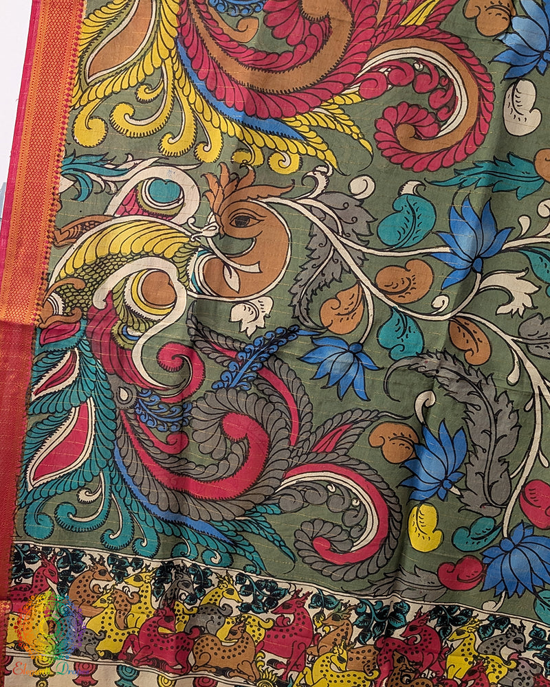 Multi Peacock Kalamkari Bangalore Silk Dupatta – Handloom Saree Online India | Elegantt Drapes