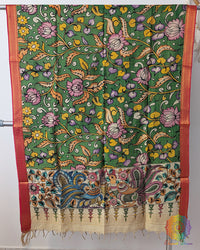 Green Kalamkari Bangalore Silk Dupatta – Handloom Saree Online India | Elegantt Drapes