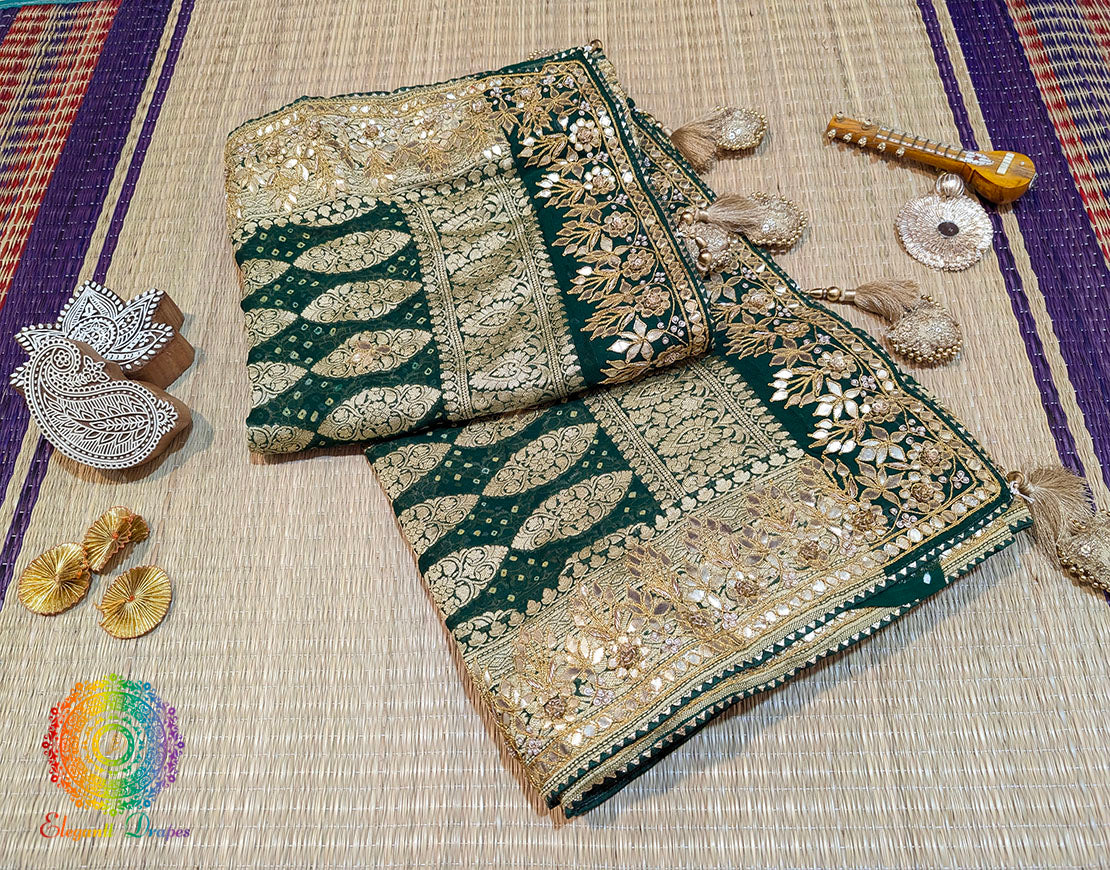 Green Banarasi Georgette Bandhani Gota Patti Saree – Bandhani Saree Online India | Elegantt Drapes