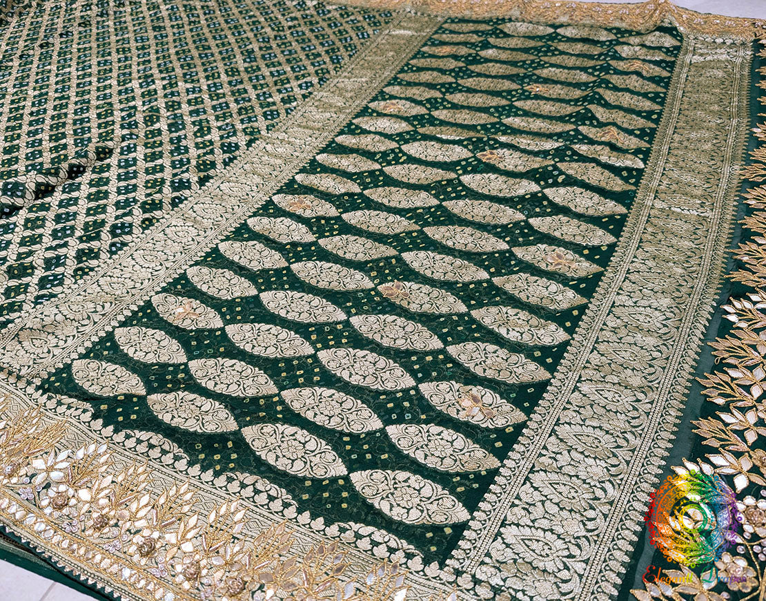 Green Banarasi Georgette Bandhani Gota Patti Saree – Bandhani Saree Online India | Elegantt Drapes