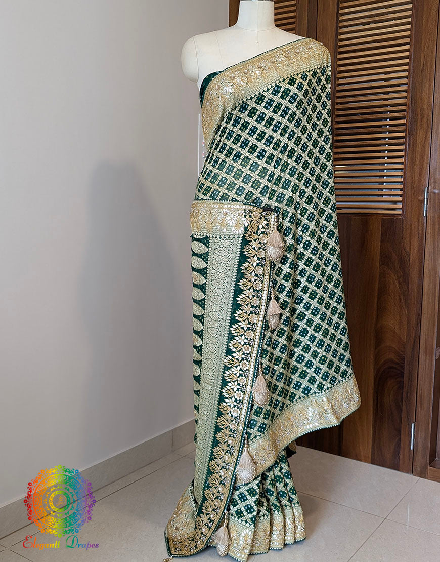 Green Banarasi Georgette Bandhani Gota Patti Saree – Bandhani Saree Online India | Elegantt Drapes