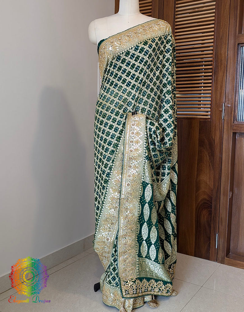 Green Banarasi Georgette Bandhani Gota Patti Saree – Bandhani Saree Online India | Elegantt Drapes