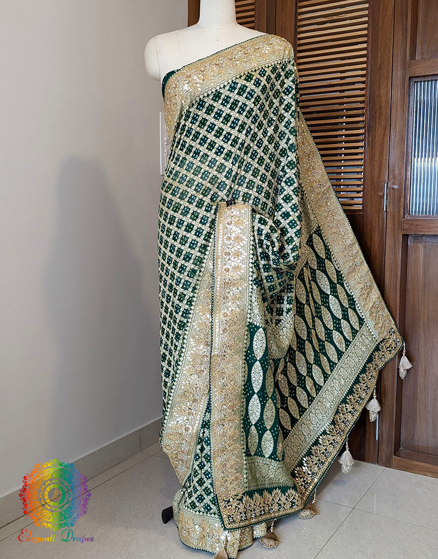 Green Banarasi Georgette Bandhani Gota Patti Saree – Bandhani Saree Online India | Elegantt Drapes