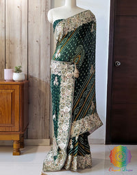 Green Gota Patti Handwork Pure Chinon Bandhej Saree