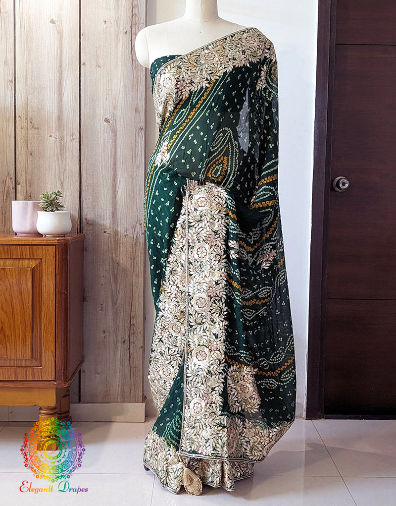 Green Gota Patti Handwork Pure Chinon Bandhej Saree