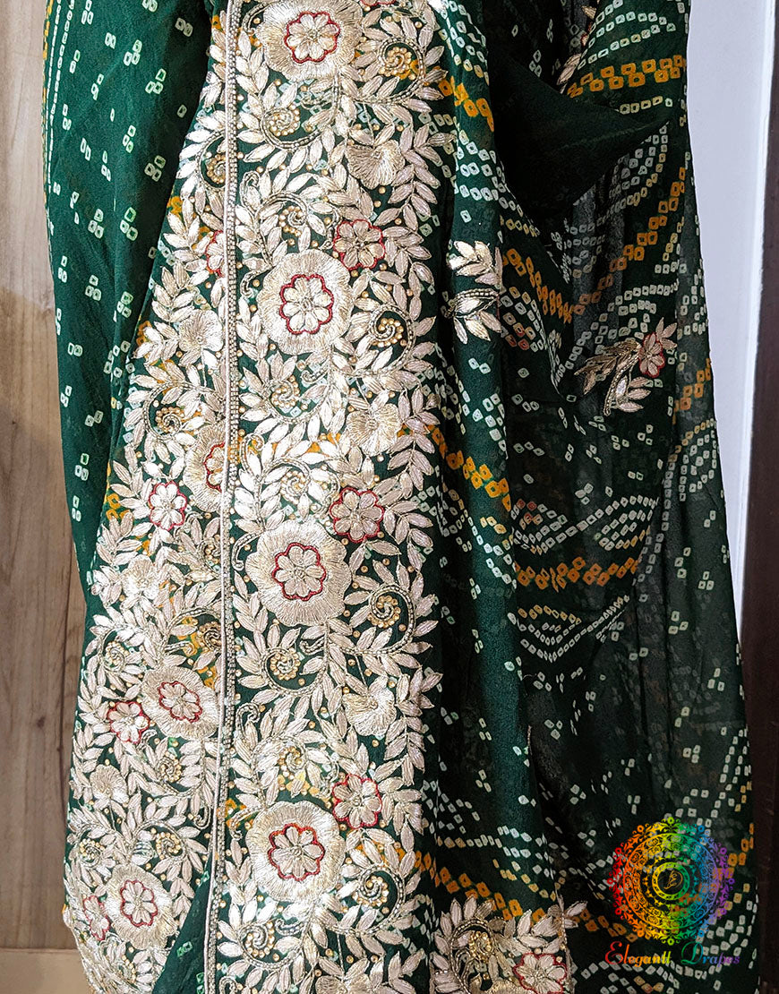 Green Gota Patti Handwork Pure Chinon Bandhej Saree