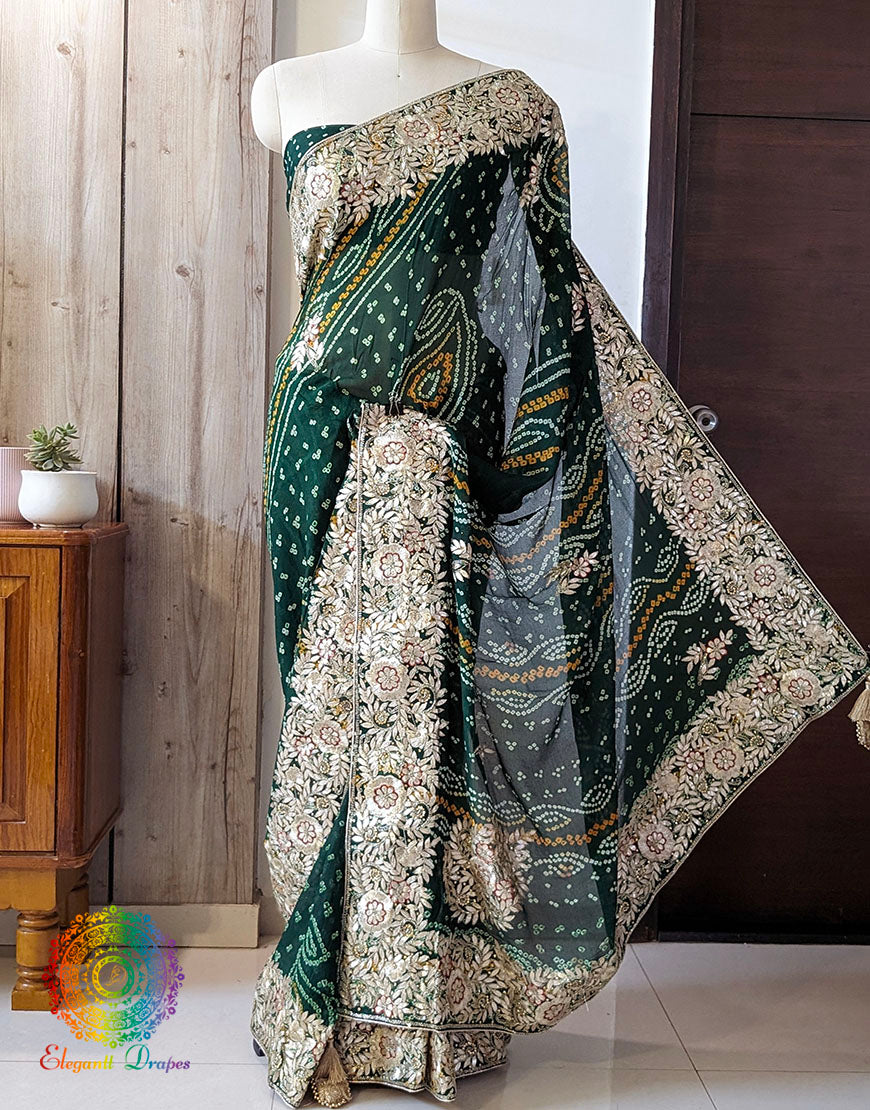 Green Gota Patti Handwork Pure Chinon Bandhej Saree