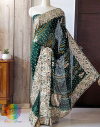 Green Gota Patti Handwork Pure Chinon Bandhej Saree
