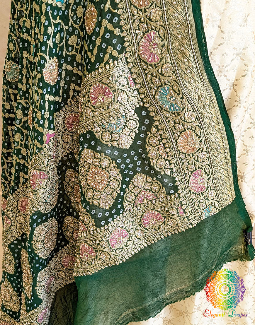 Green Bandhani Georgette Zardozi Embroidered Dupatta – Bandhani Saree Online India | Elegantt Drapes