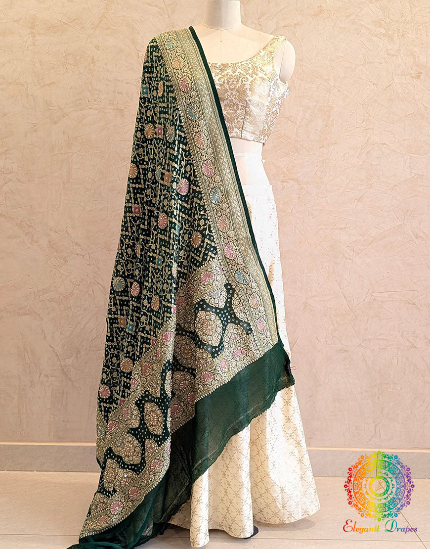 Green Bandhani Georgette Zardozi Embroidered Dupatta – Bandhani Saree Online India | Elegantt Drapes
