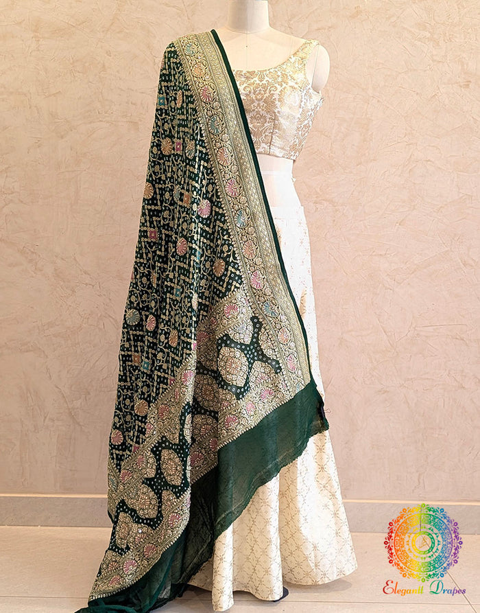Green Bandhani Georgette Zardozi Embroidered Dupatta – Bandhani Saree Online India | Elegantt Drapes